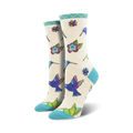 Close-up of Hummingbird Blossom socks in cream color, showcasing detailed hummingbird and flower design.