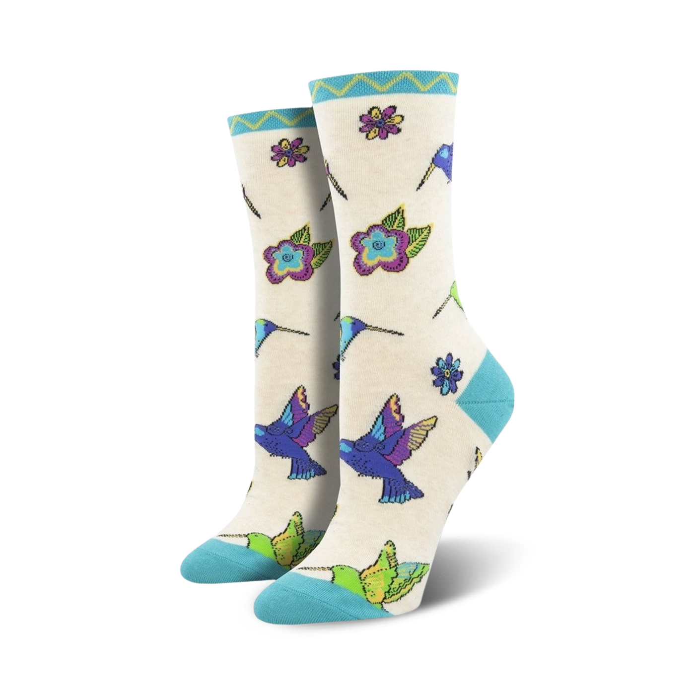 Close-up of Hummingbird Blossom socks in cream color, showcasing detailed hummingbird and flower design.