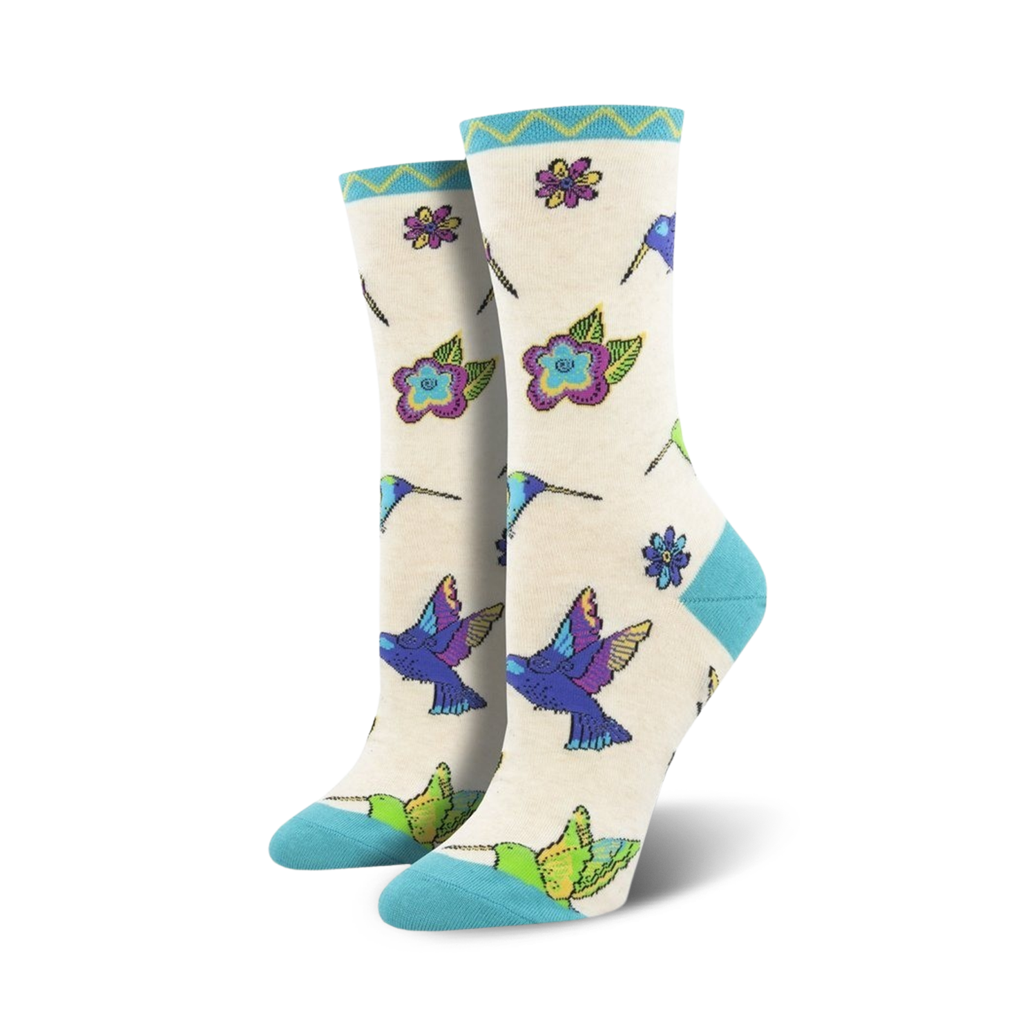 Close-up of Hummingbird Blossom socks in cream color, showcasing detailed hummingbird and flower design.