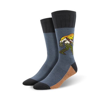 dark blue, brown, and black cotton crew socks featuring green and yellow bigfoot carrying sunset.  