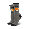 Pair of grey crew socks with a black heel and toe. Features an orange fox graphic and the text 'Zero Fox Given'.