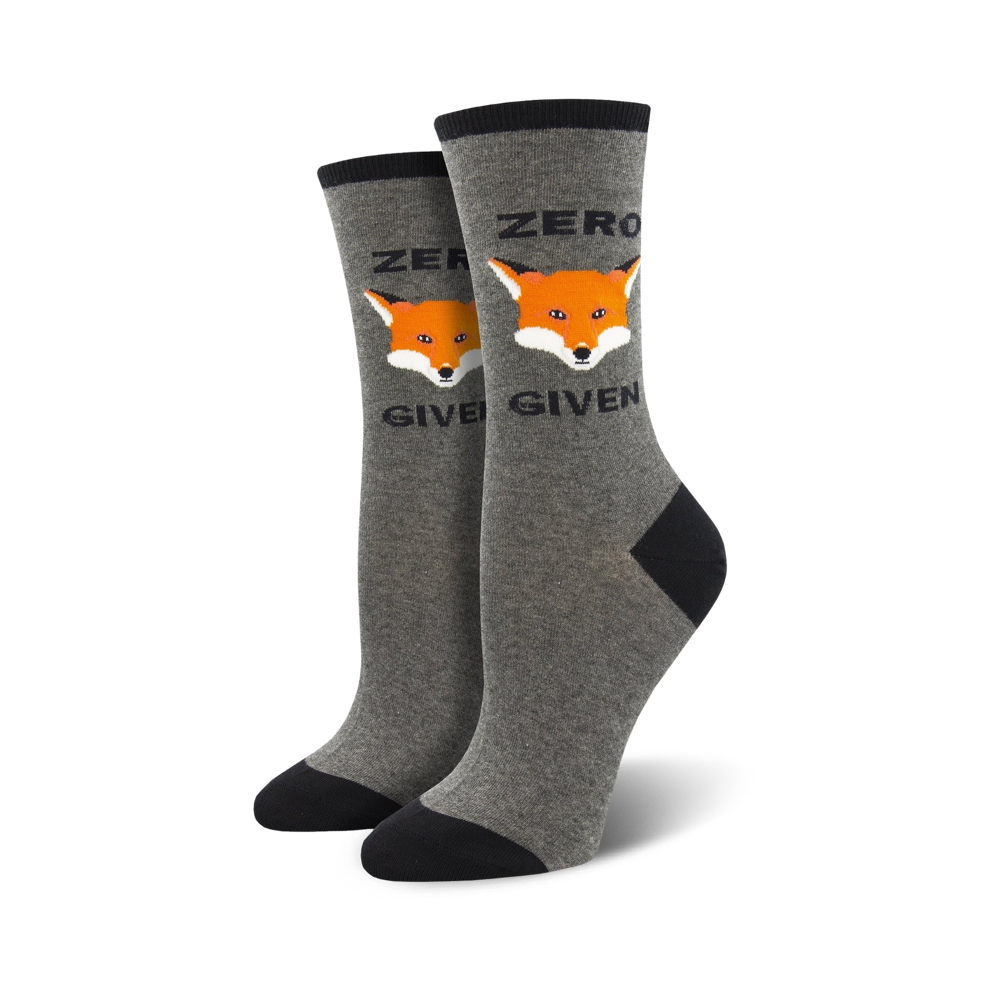 Pair of grey crew socks with a black heel and toe. Features an orange fox graphic and the text 'Zero Fox Given'.