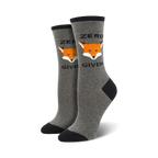 Pair of grey crew socks with a black heel and toe. Features an orange fox graphic and the text 'Zero Fox Given'.