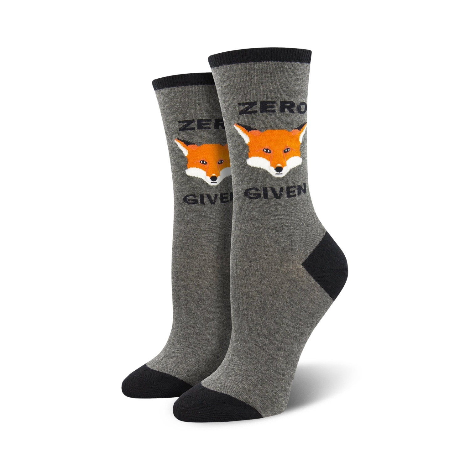 Pair of grey crew socks with a black heel and toe. Features an orange fox graphic and the text 'Zero Fox Given'.
