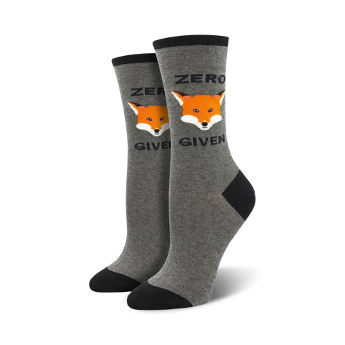 Pair of grey crew socks with a black heel and toe. Features an orange fox graphic and the text 'Zero Fox Given'.
