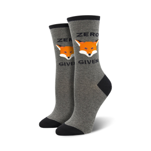 Pair of grey crew socks with a black heel and toe. Features an orange fox graphic and the text 'Zero Fox Given'.