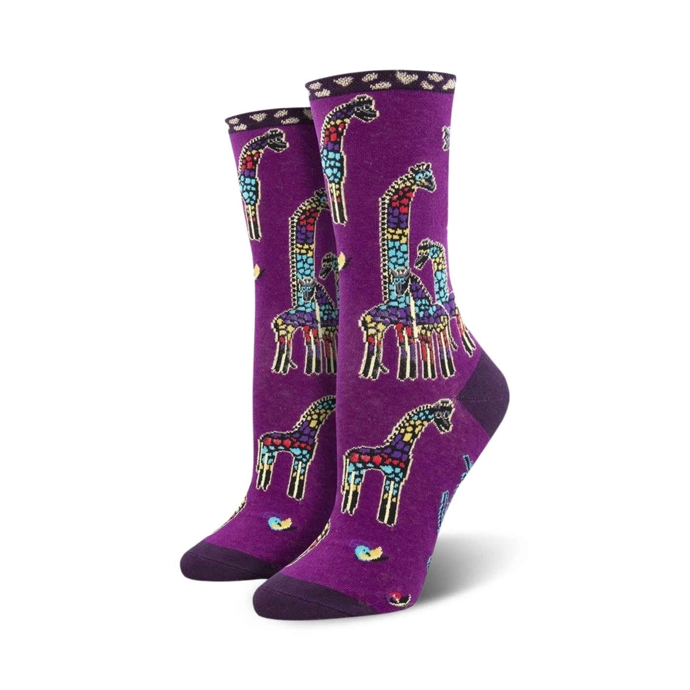 Women's crew socks in purple featuring a mosaic-style giraffe family design.  Multicolored giraffes on a deep purple background. 
