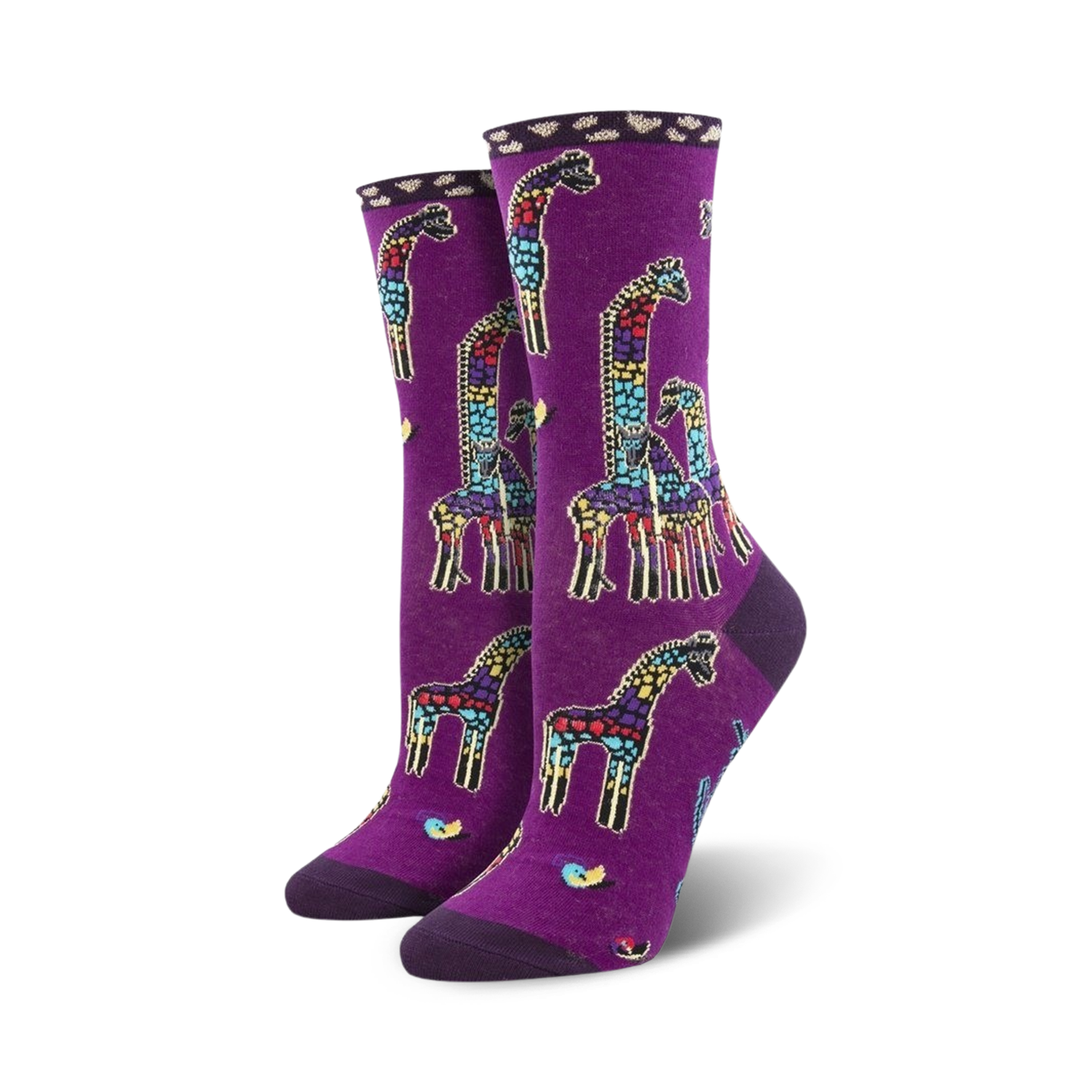 Women's crew socks in purple featuring a mosaic-style giraffe family design.  Multicolored giraffes on a deep purple background. 