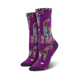 purple crew socks with multi-colored geometric giraffes; womens.   