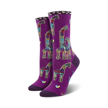 purple crew socks with multi-colored geometric giraffes; womens.   