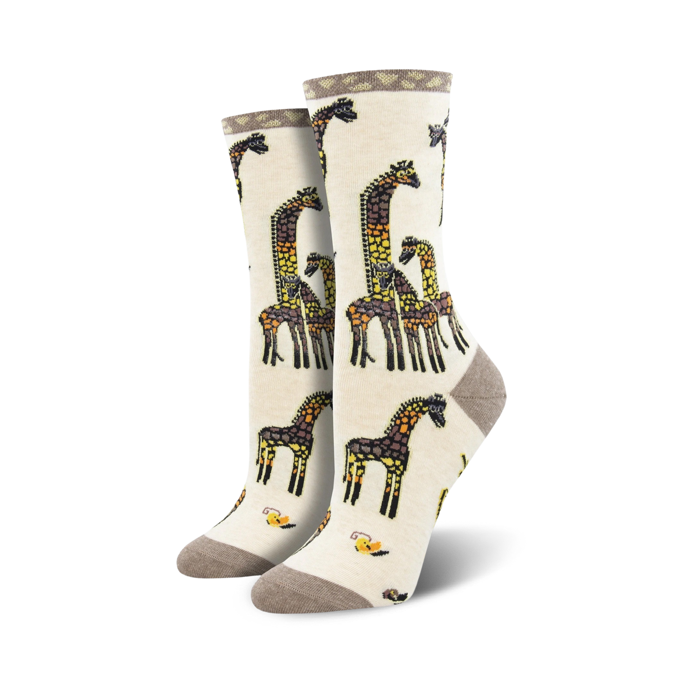 Lifestyle shot of the cream-colored Giraffe Family socks, showcasing the socks on a model's feet.