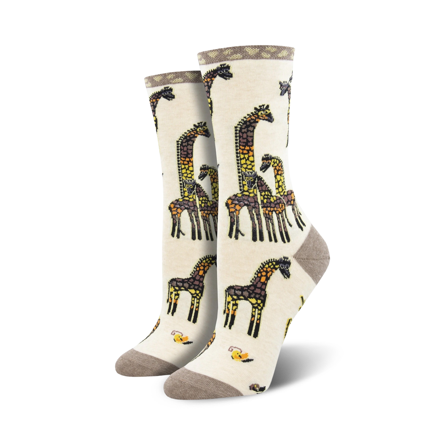 Lifestyle shot of the cream-colored Giraffe Family socks, showcasing the socks on a model's feet.