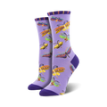 Pair of women's crew socks. Lavender background with colorful dragonfly pattern. Purple, orange, and green accents.