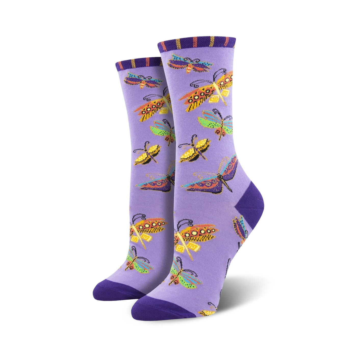 Pair of women's crew socks. Lavender background with colorful dragonfly pattern. Purple, orange, and green accents.