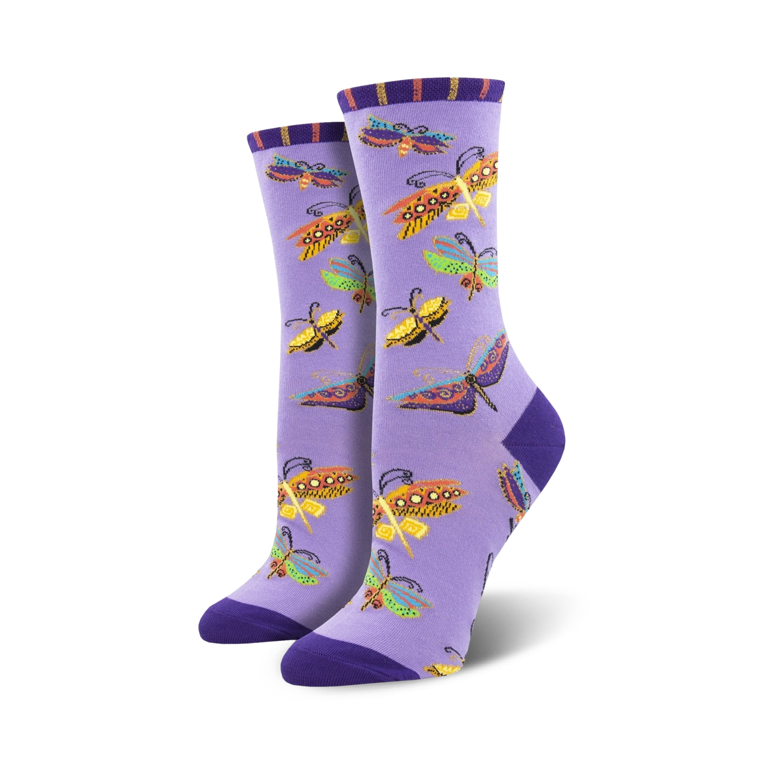 Pair of women's crew socks. Lavender background with colorful dragonfly pattern. Purple, orange, and green accents.