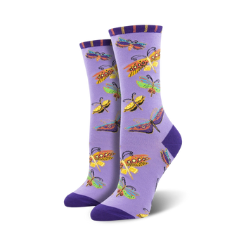 purple crew socks feature colorful butterfly pattern.  