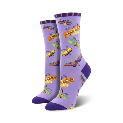 purple crew socks feature colorful butterfly pattern.  