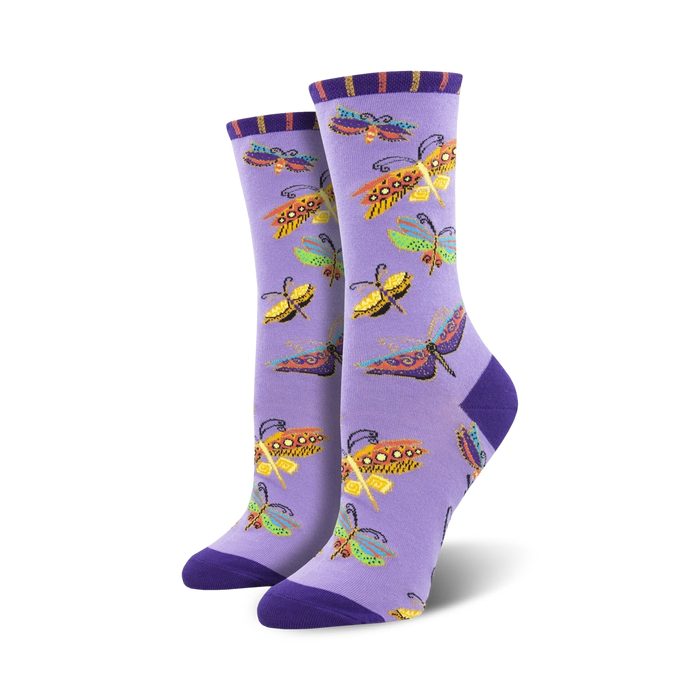 purple crew socks feature colorful butterfly pattern.  