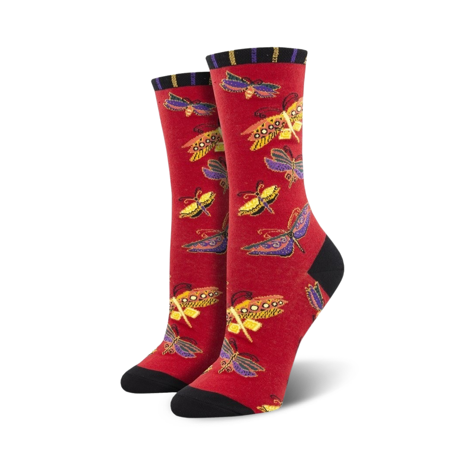 Close-up of red crew socks with a dragonfly pattern.  The socks are shown on a white background.