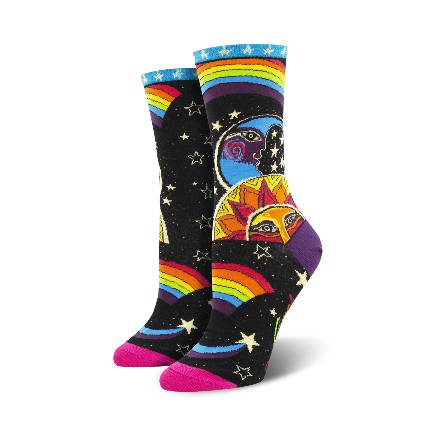 Women's crew socks in black with a colorful rainbow, sun, moon, and stars design. Pink heel and toe.