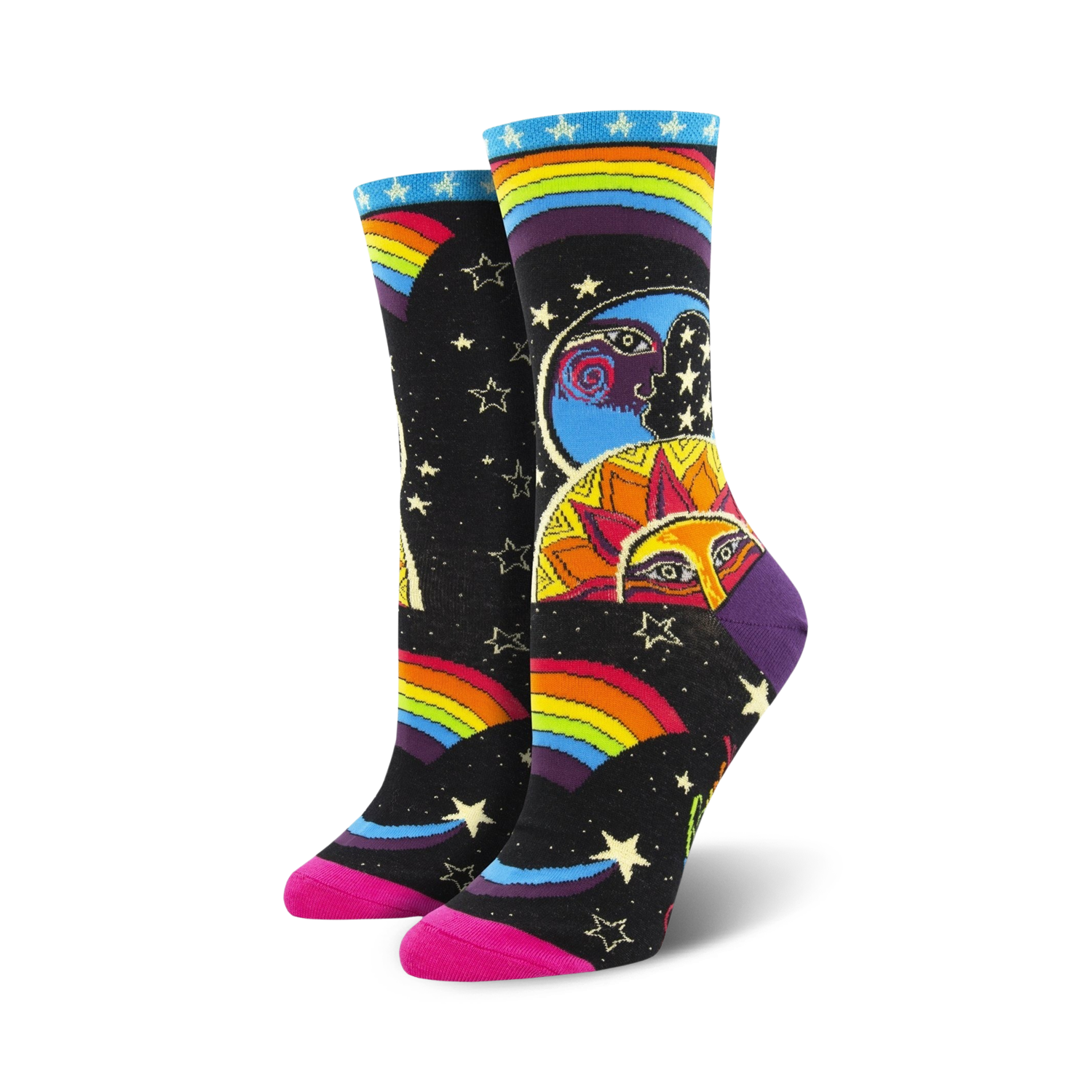 Women's crew socks in black with a colorful rainbow, sun, moon, and stars design. Pink heel and toe.