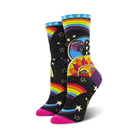 black cosmic crew socks with pink toes feature rainbows, stars, moons, and suns.  