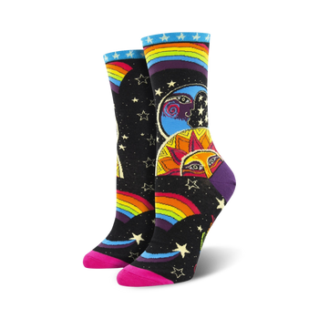 black cosmic crew socks with pink toes feature rainbows, stars, moons, and suns.  