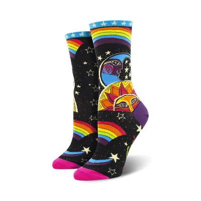 black cosmic crew socks with pink toes feature rainbows, stars, moons, and suns.  