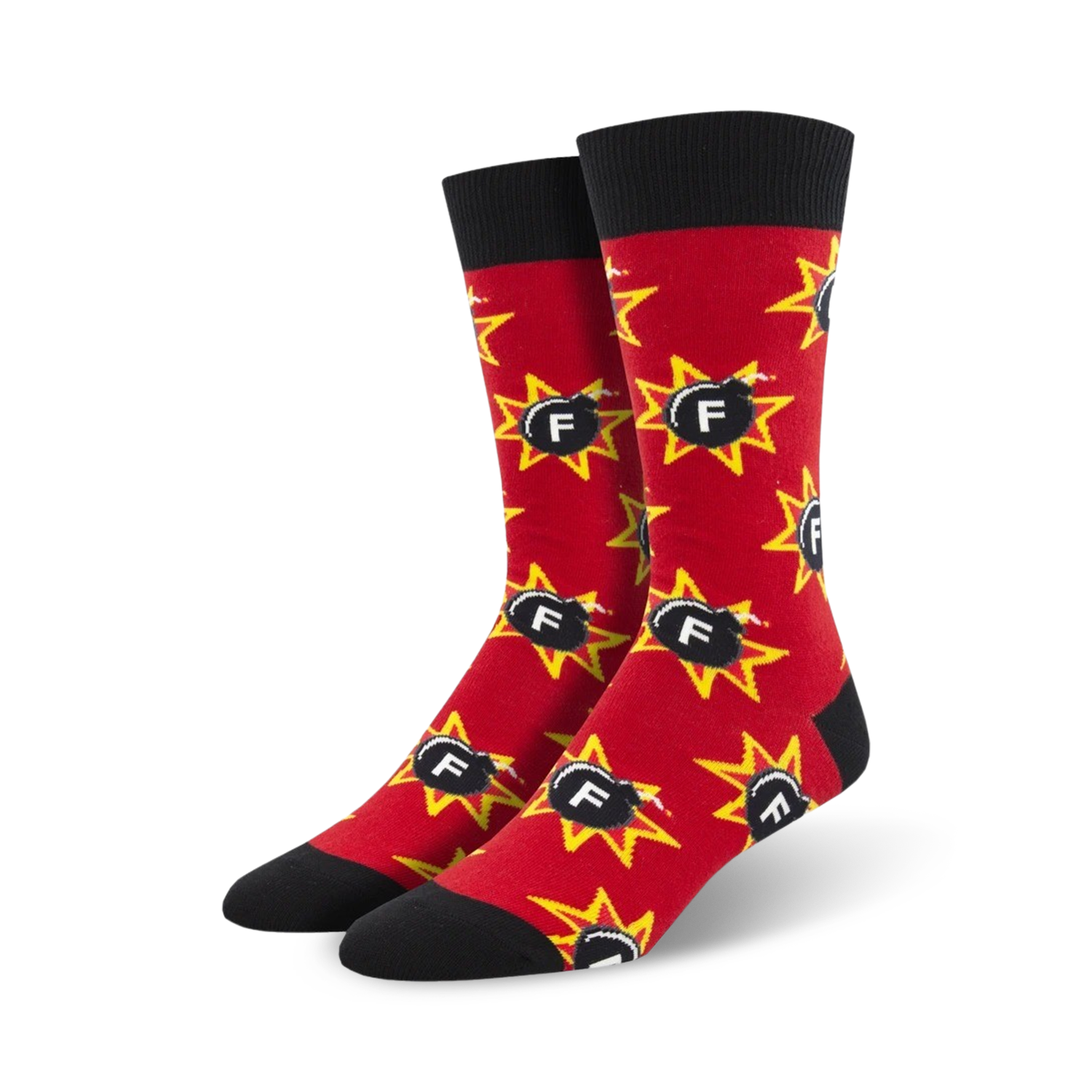 Pair of crew socks; red with black & yellow exploding letter F's, navy with red & yellow exploding letter F's