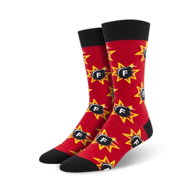 red crew socks with a pattern of black bombs; yellow stars and "f". black toe and heel. funny socks for men.   