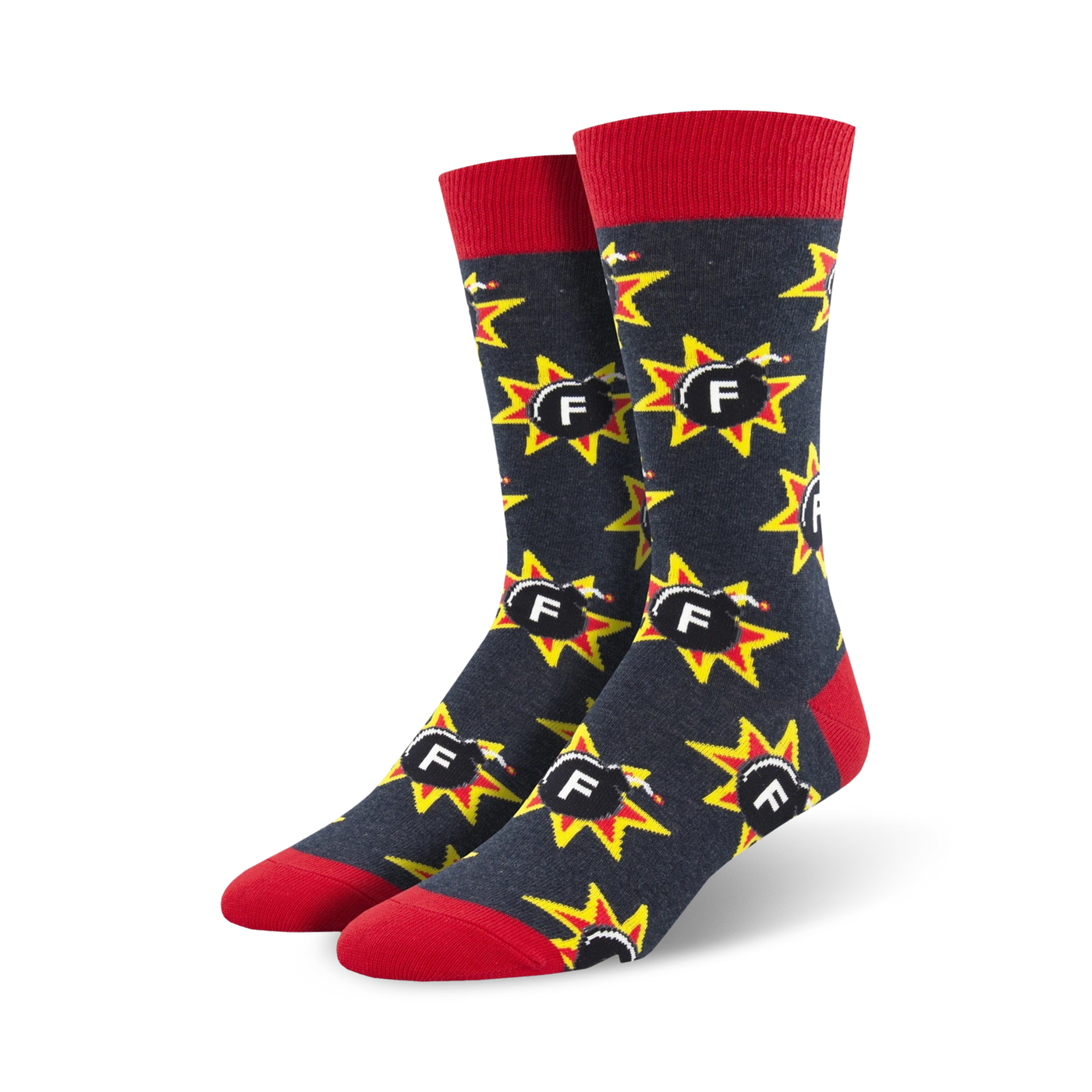 Lifestyle shot:  A pair of navy F-Bomb socks shown on a person's feet.
