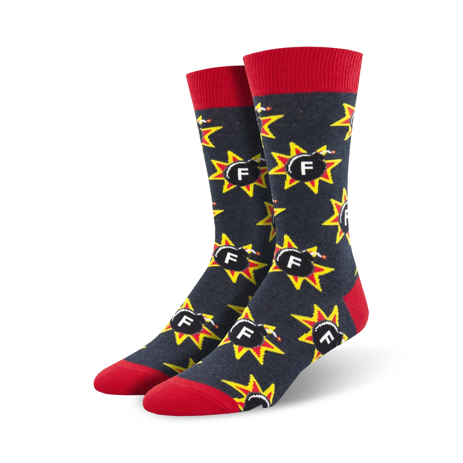 Lifestyle shot:  A pair of navy F-Bomb socks shown on a person's feet.
