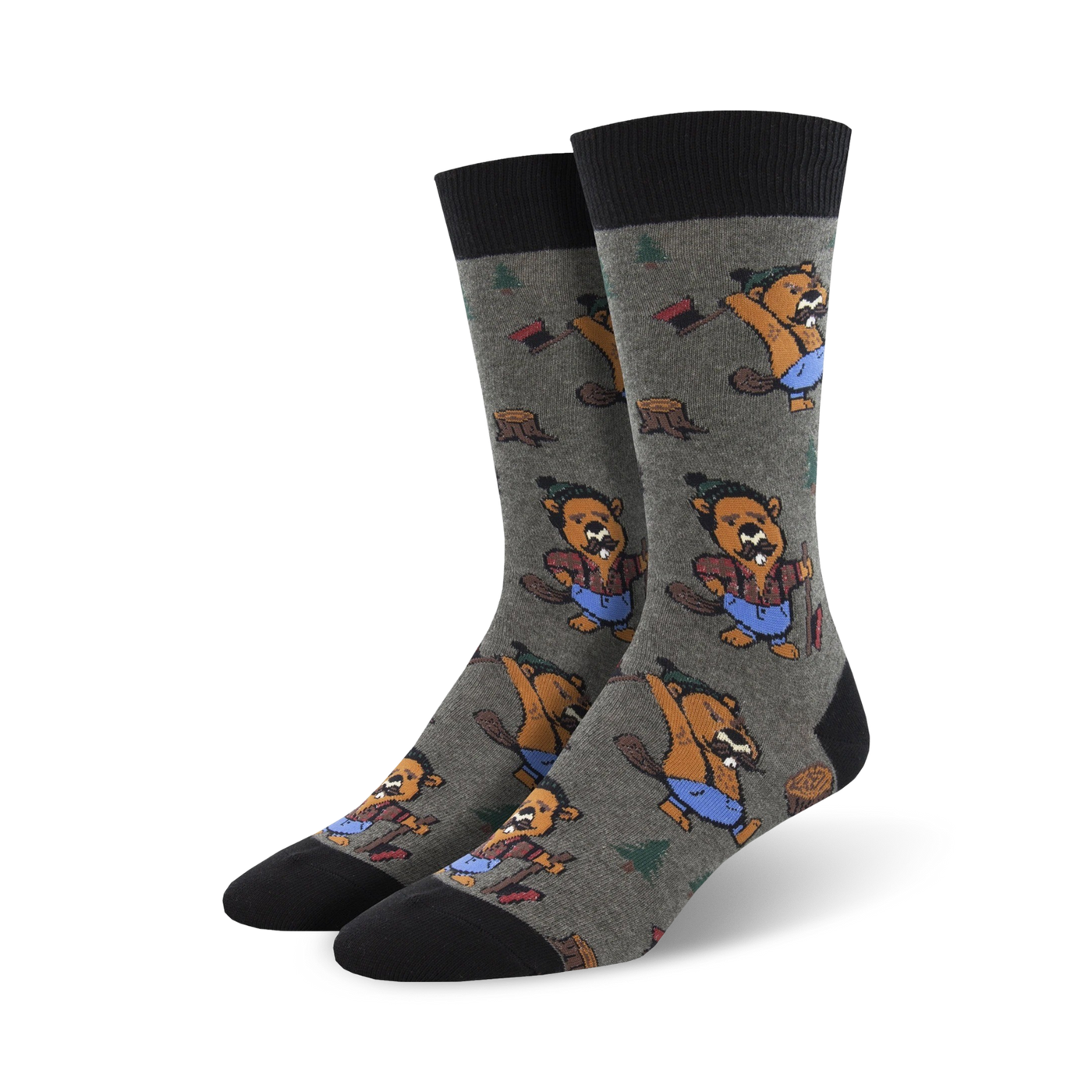 Pair of crew socks; grey background with repeating pattern of beavers wielding axes.  Beavers are brown and blue; black cuffs.