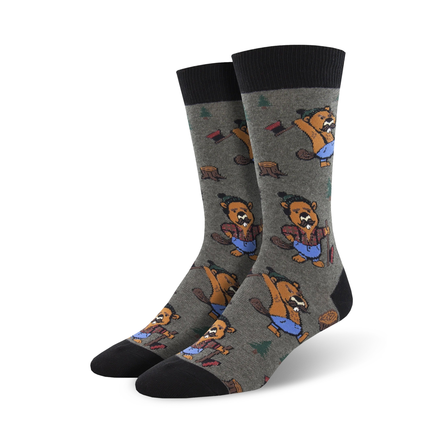 Pair of crew socks; grey background with repeating pattern of beavers wielding axes.  Beavers are brown and blue; black cuffs.