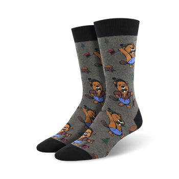 gray crew socks with cartoon beavers in hats and axes, surrounded by trees and logs.  
