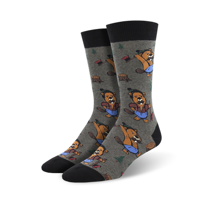 gray crew socks with cartoon beavers in hats and axes, surrounded by trees and logs.  