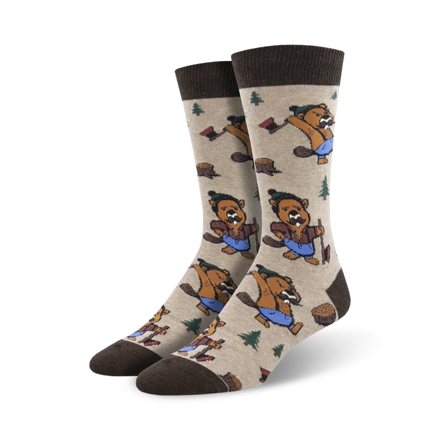 Close-up of beige Knotty Beaver socks showcasing the detailed beaver and axe design.
