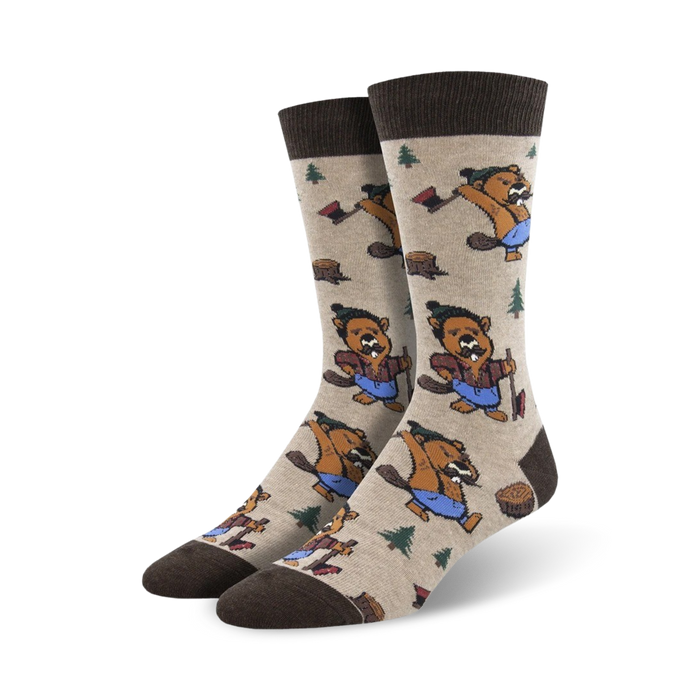 crew length men's socks in brown and beige. cartoon beavers in blue overalls and wielding axes are in a forest of trees and logs.    