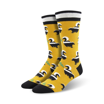 funky skunky socks: bright yellow with black skunks, white stripes, green tails; black toe, heel, white band at top. men's crew socks.  