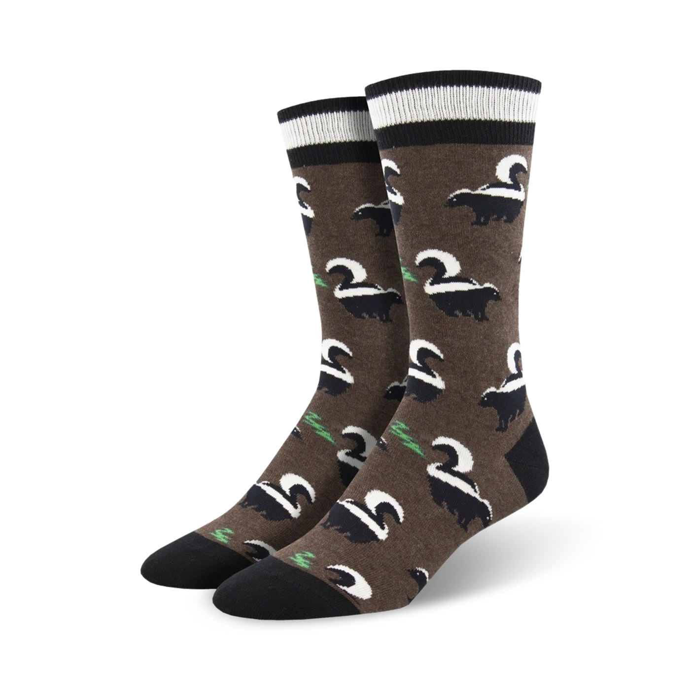 Close-up shot of brown Funky Skunky socks showcasing the skunk pattern and subtle details.
