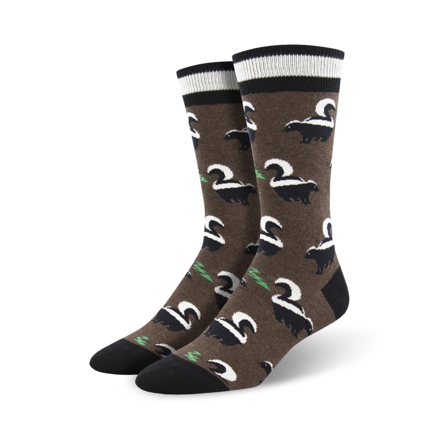 Close-up shot of brown Funky Skunky socks showcasing the skunk pattern and subtle details.