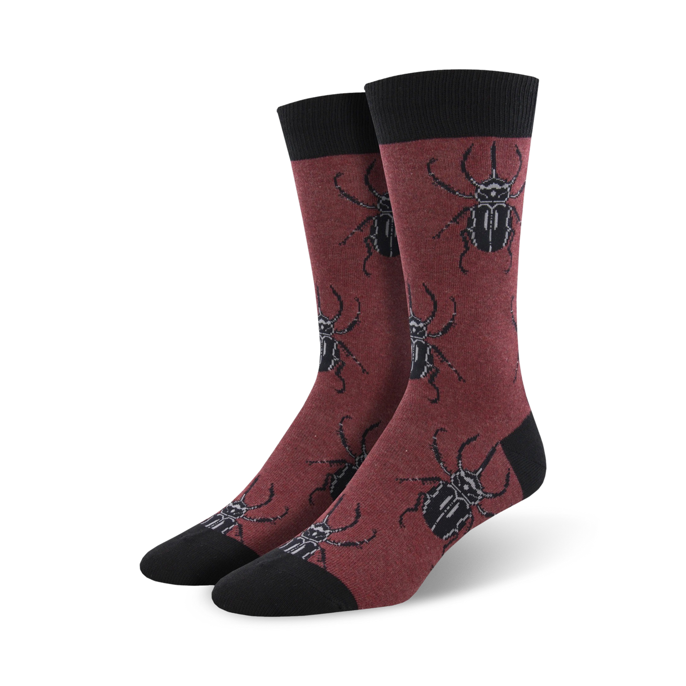 Burgundy crew socks with a repeating pattern of black stag beetles.  A stylish and fun design for adding a unique touch to any outfit.