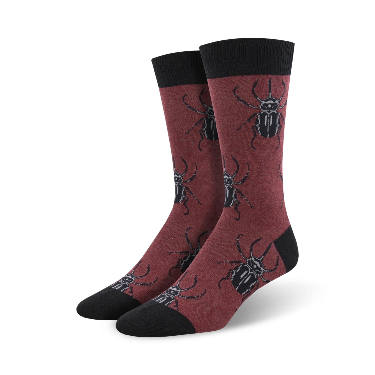 Burgundy crew socks with a repeating pattern of black stag beetles.  A stylish and fun design for adding a unique touch to any outfit.