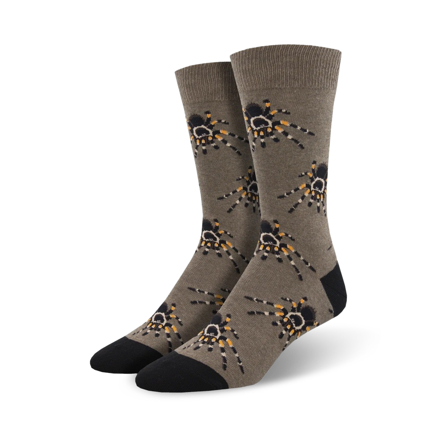 A pair of taupe crew socks with a repeating pattern of colorful tarantulas.  The socks have black toes and heels.