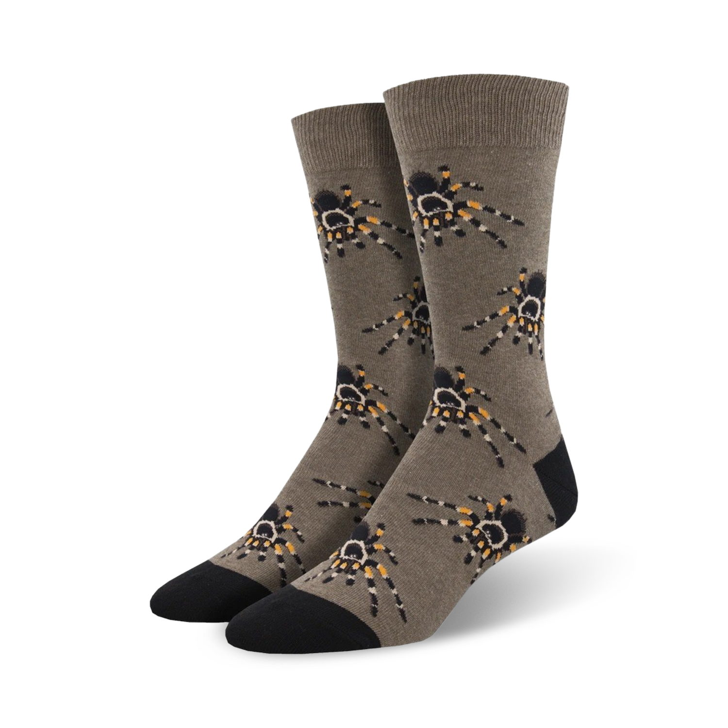 A pair of taupe crew socks with a repeating pattern of colorful tarantulas.  The socks have black toes and heels.