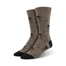crew socks featuring a pattern of black and yellow tarantula spiders crawling in various directions.  