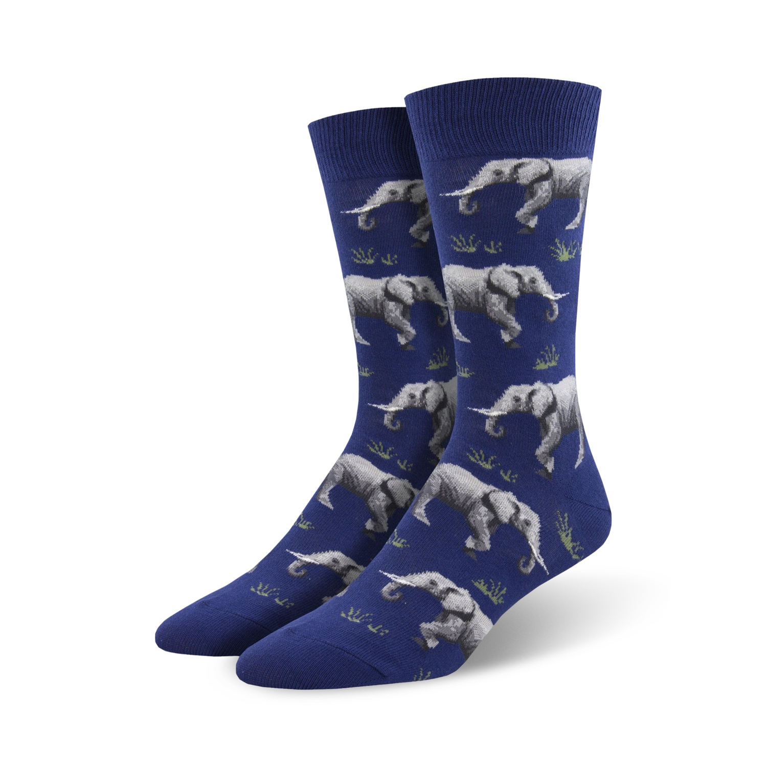 Pair of crew socks; navy blue background, grey elephants, and green grass design.