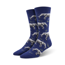 dark blue crew socks with pattern of gray elephants with white tusks on green grass.  