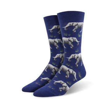 dark blue crew socks with pattern of gray elephants with white tusks on green grass.  