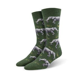 dark green crew socks with a parade of gray elephants and tufts of grass. 